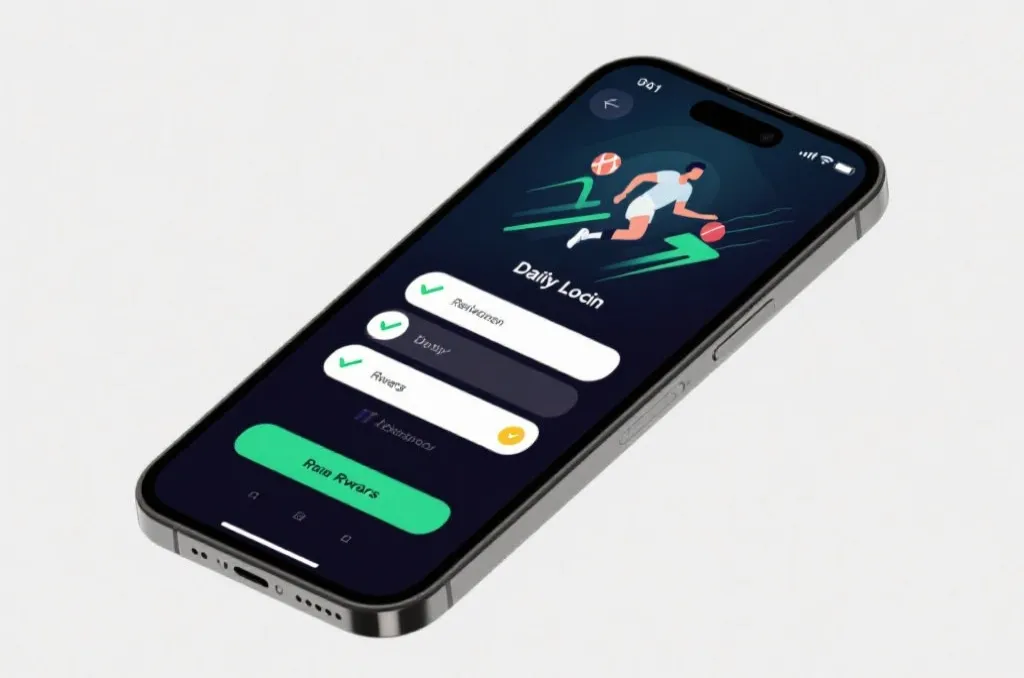 A sleek smartphone displaying a user interface with checkmarks for daily login rewards and sports graphics on the screen